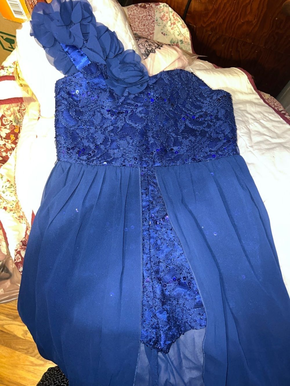 Girls Royal Blue One-Shoulder Lace & Chiffon Short Romper Dress
